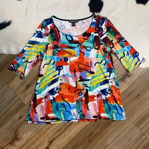 Michael Tyler 3/4 sleeve top featuring a vibrant bold abstract art print